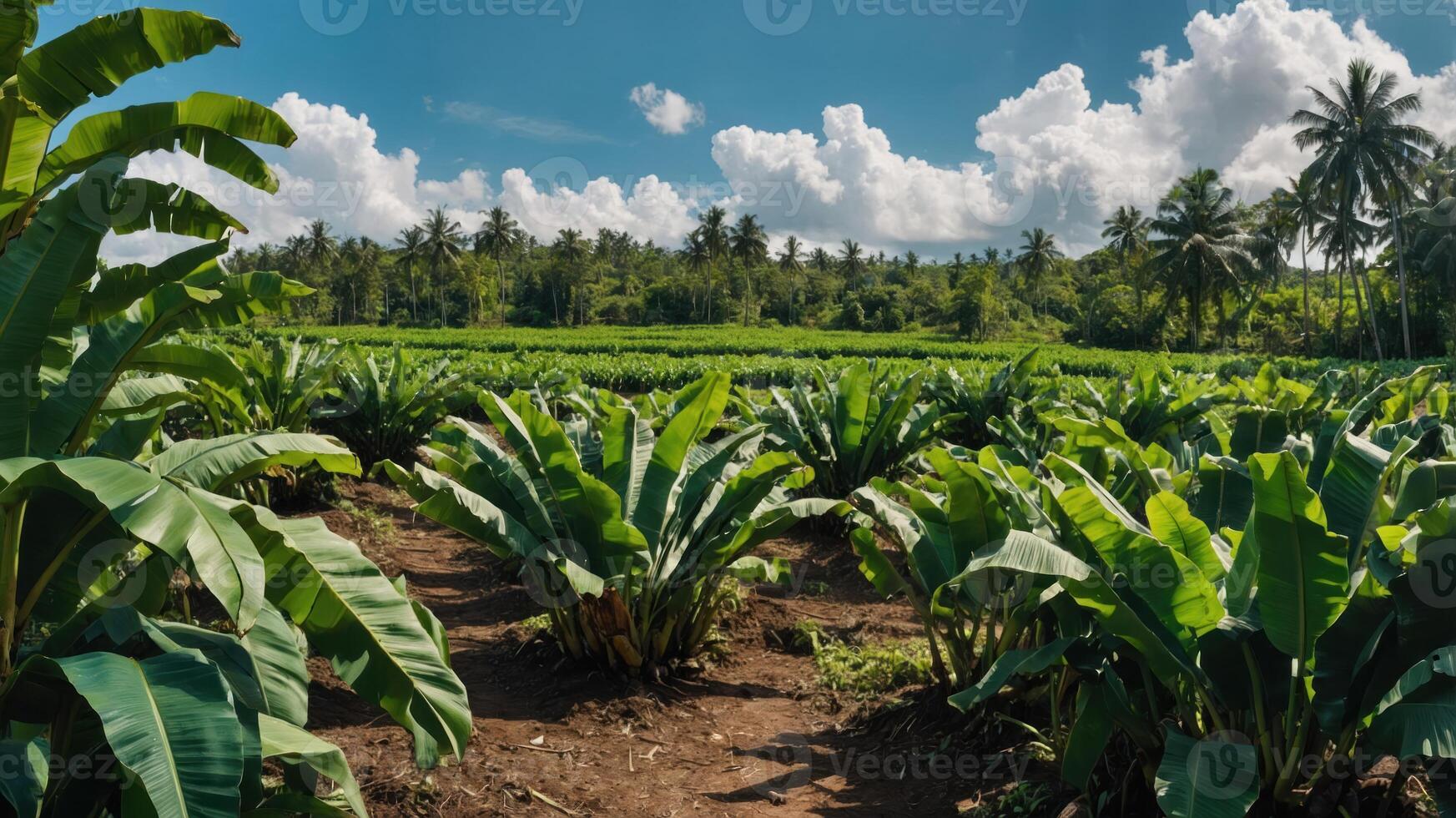 Lush banana plantation under a bright sky with scattered clouds. photo