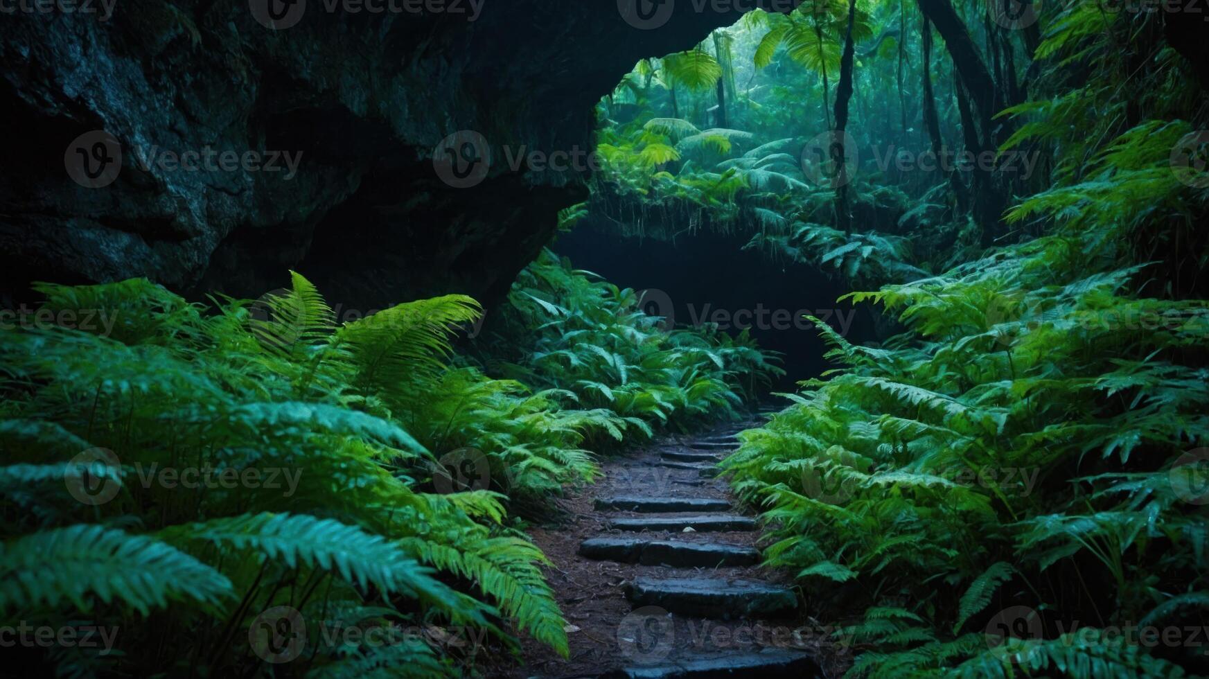 A serene forest pathway surrounded by lush ferns and rocky formations. photo