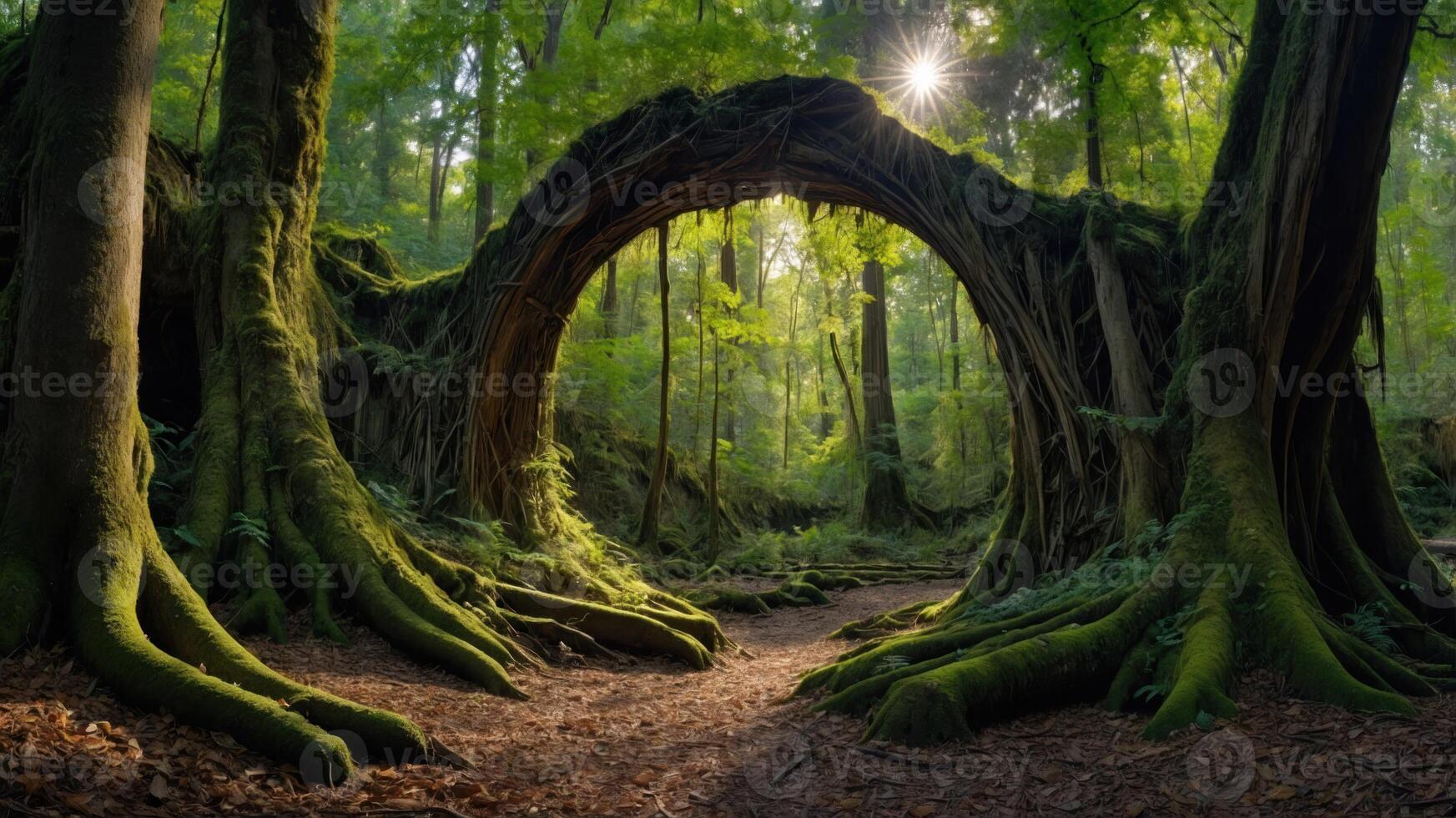 A serene forest scene featuring a moss-covered archway and sun filtering through trees. photo