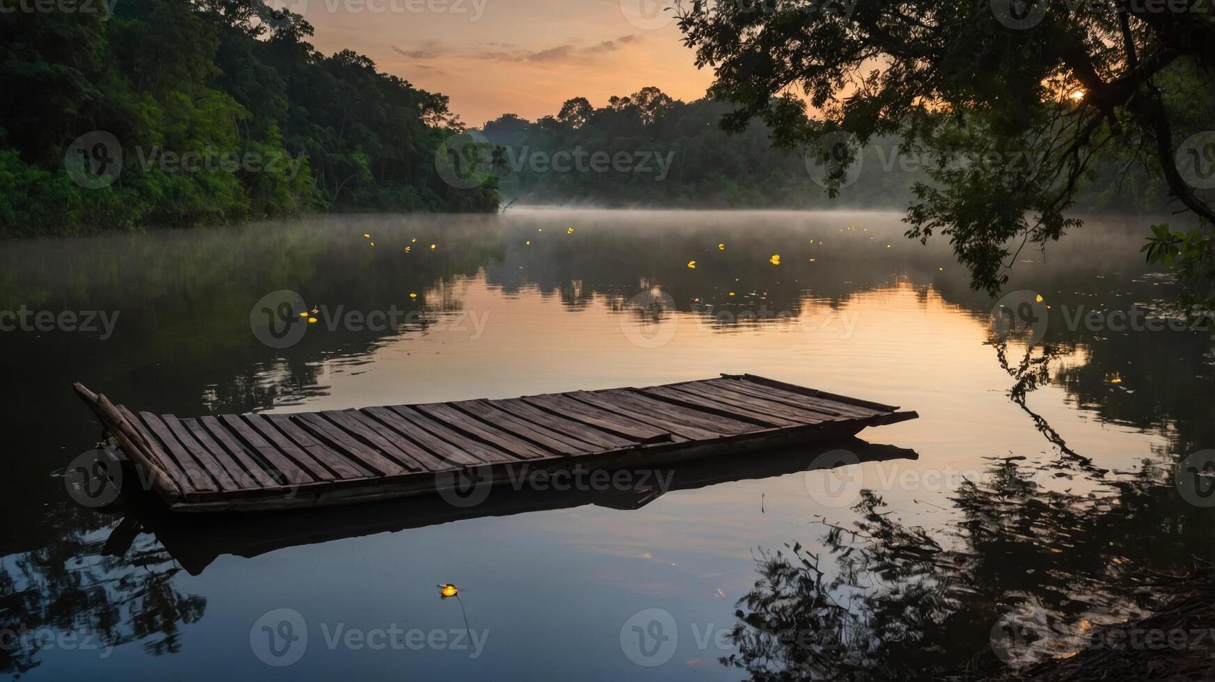 A tranquil river scene at dawn with a wooden raft and mist rising from the water. photo