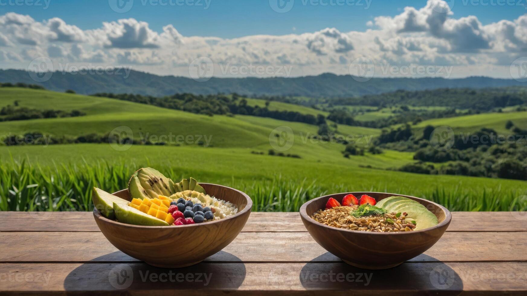Two bowls of colorful fruit and granola on a wooden table with a scenic green landscape. photo