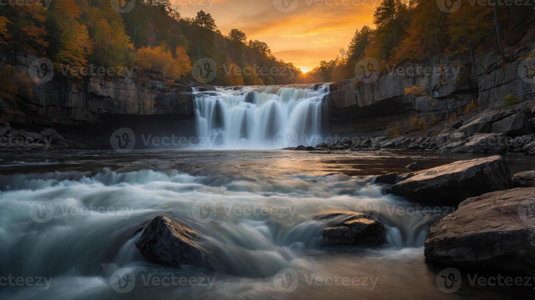 A serene waterfall cascades into a river at sunset, surrounded by autumn foliage. photo