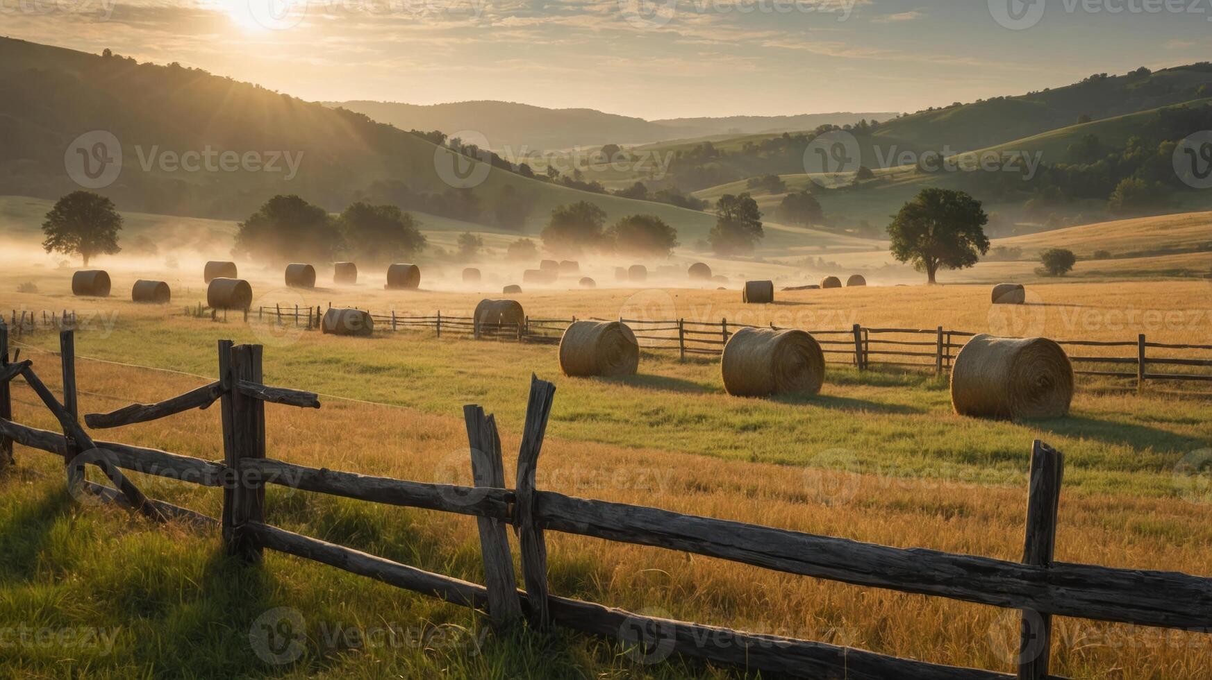 Serene countryside landscape with hay bales, morning mist, and rolling hills at sunrise. photo
