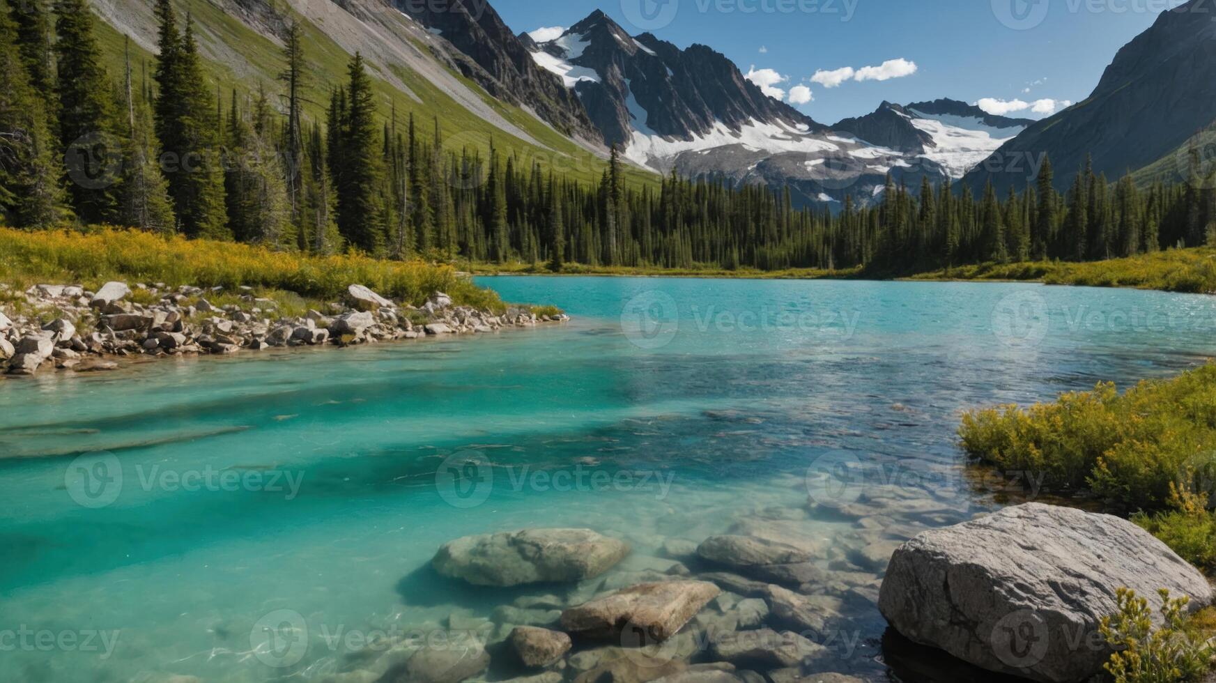 A serene landscape featuring a turquoise lake surrounded by mountains and lush greenery. photo