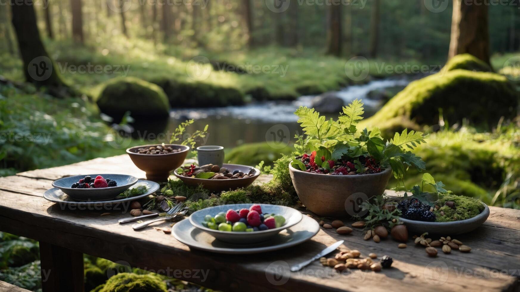 A rustic outdoor dining setup featuring fresh fruits and nuts by a serene stream. photo