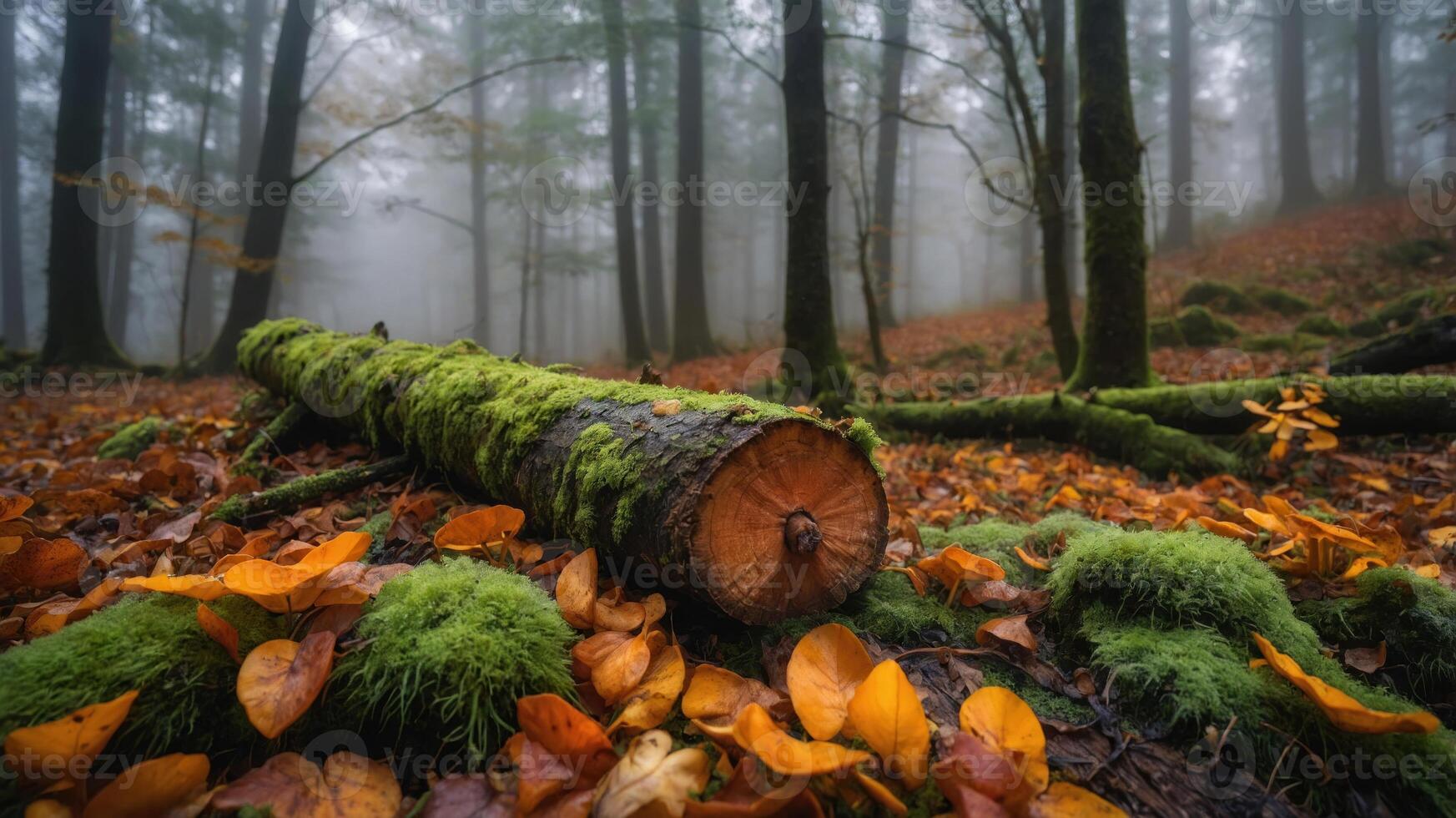A serene forest scene with a moss-covered log and autumn leaves in a misty environment. photo
