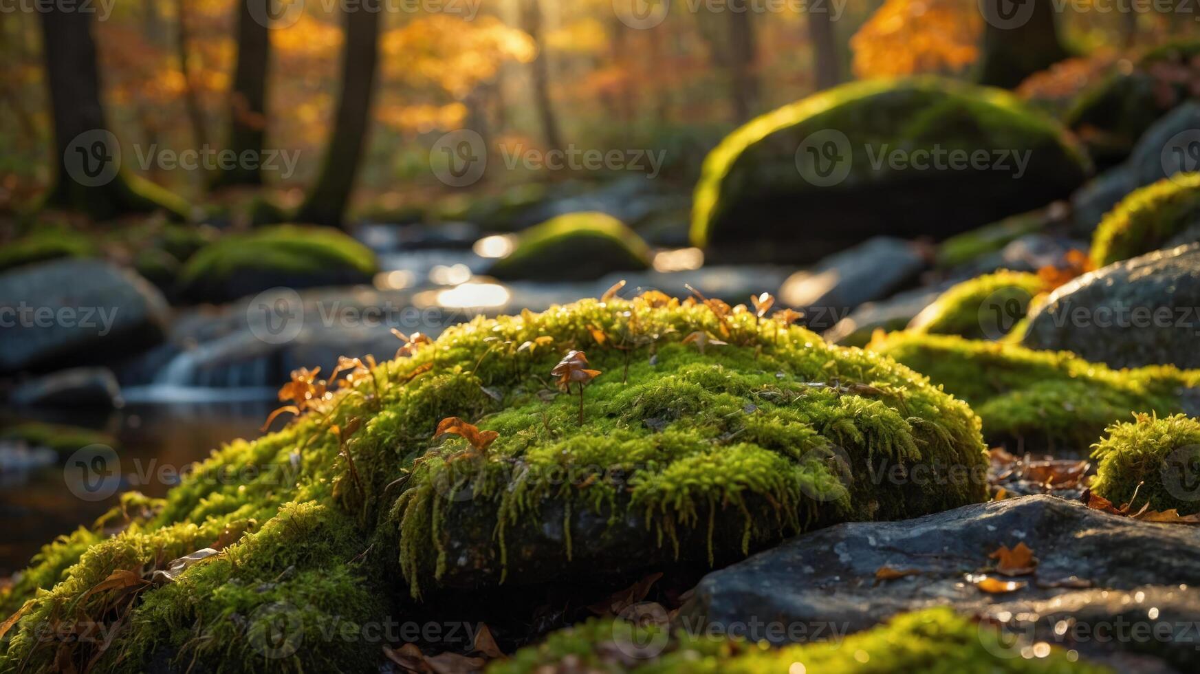 A serene forest scene featuring moss-covered rocks by a gentle stream in autumn. photo
