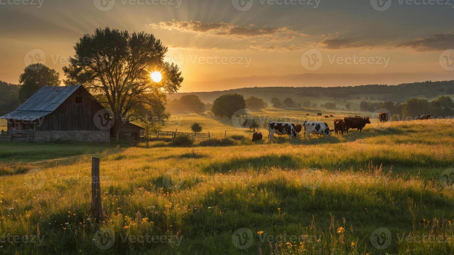 A serene countryside scene at sunrise with cows grazing near a rustic barn. photo