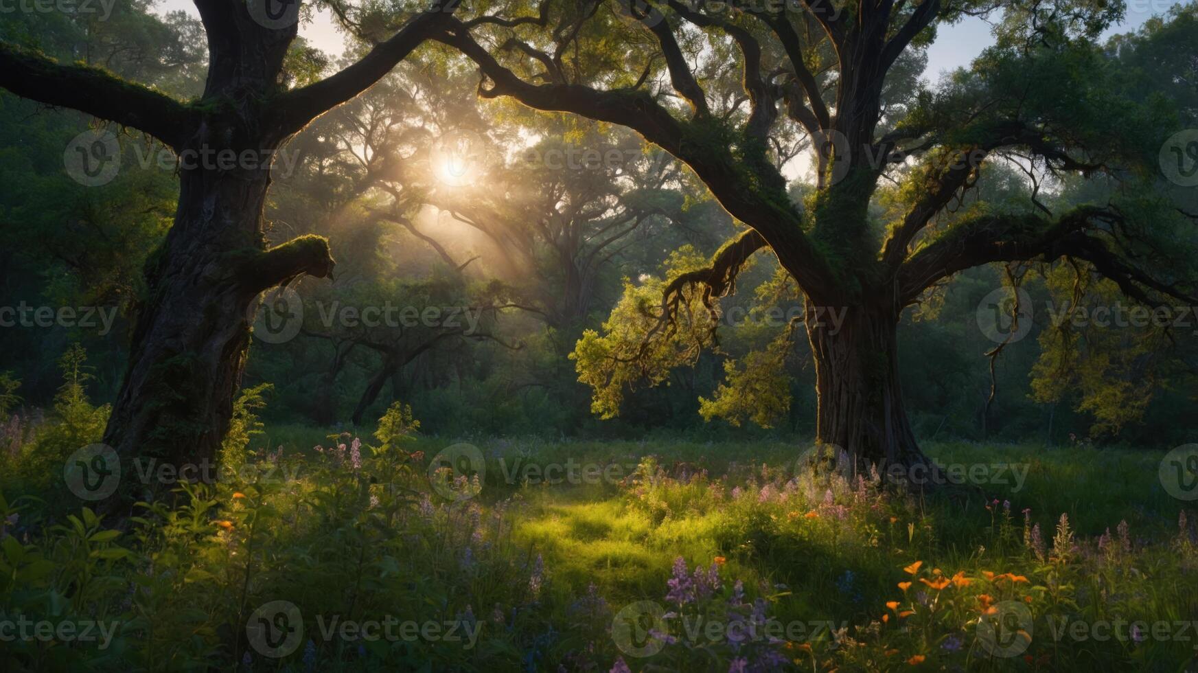 A serene forest scene with sunlight filtering through trees and colorful wildflowers. photo