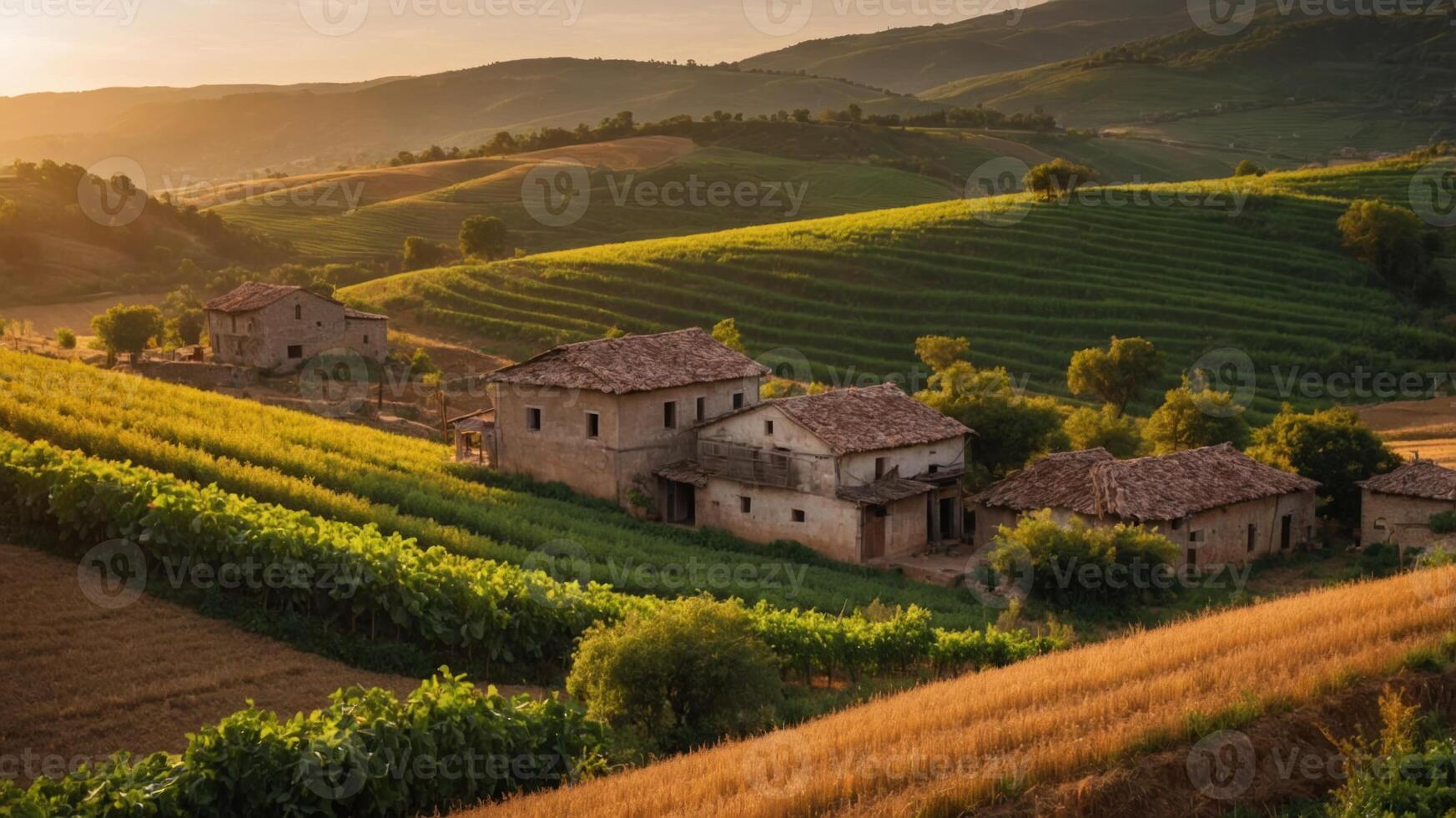 Serene countryside landscape with vineyards and rustic houses at sunset. photo
