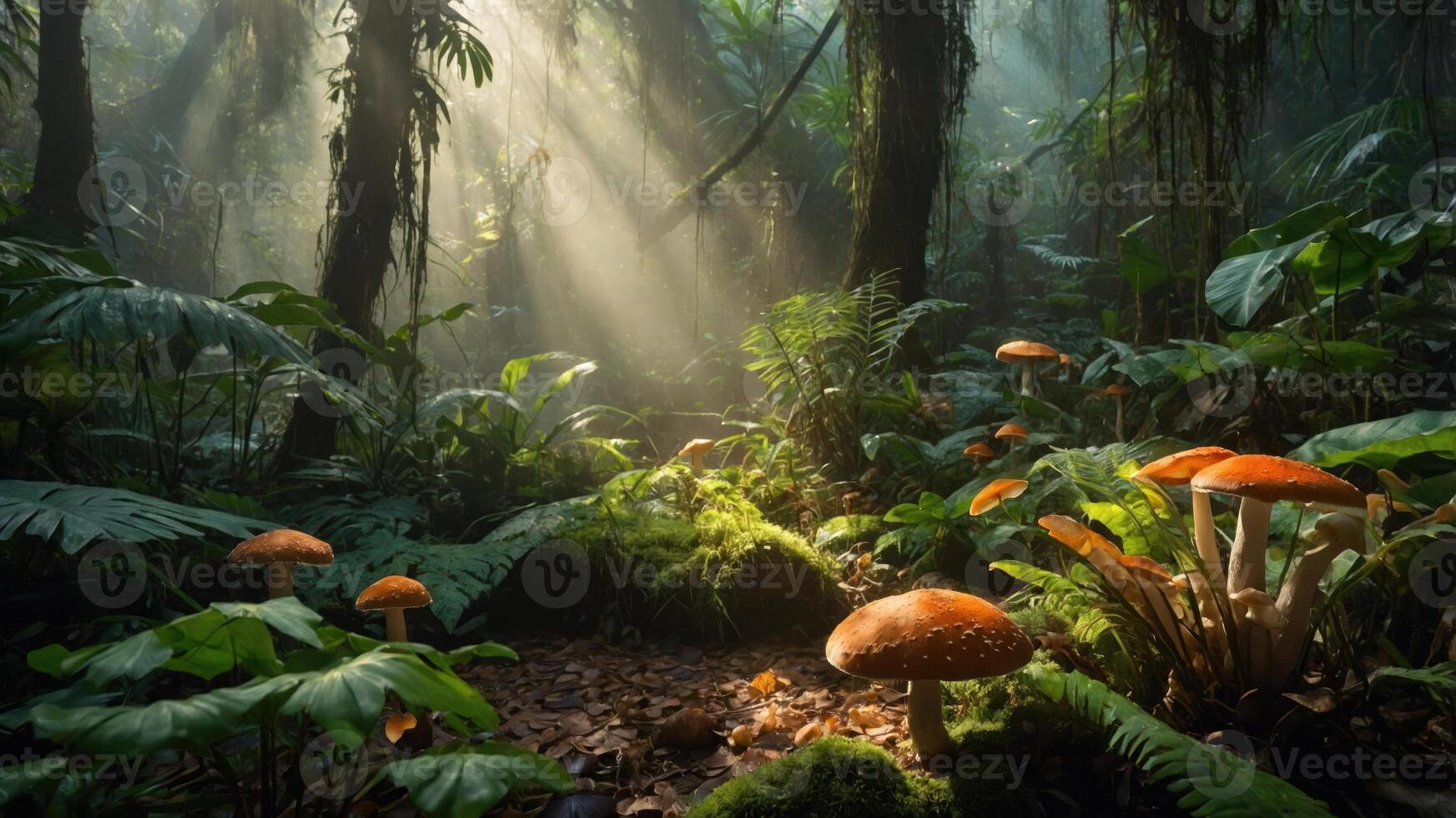 A serene forest scene with vibrant mushrooms and sunlight filtering through the trees. photo