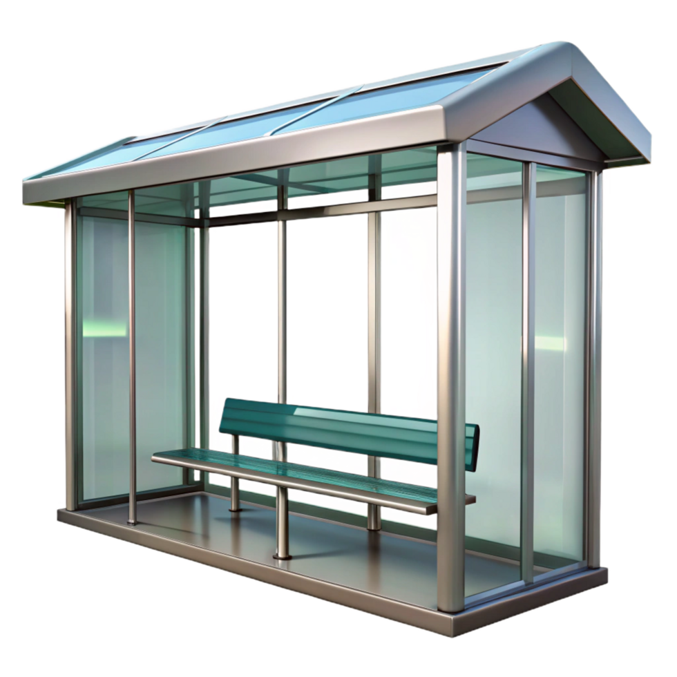 mesmerizing playful minimalist Bus stop shelter, glass and metal, NO BACKGROUND with Transparent Background. impeccable png