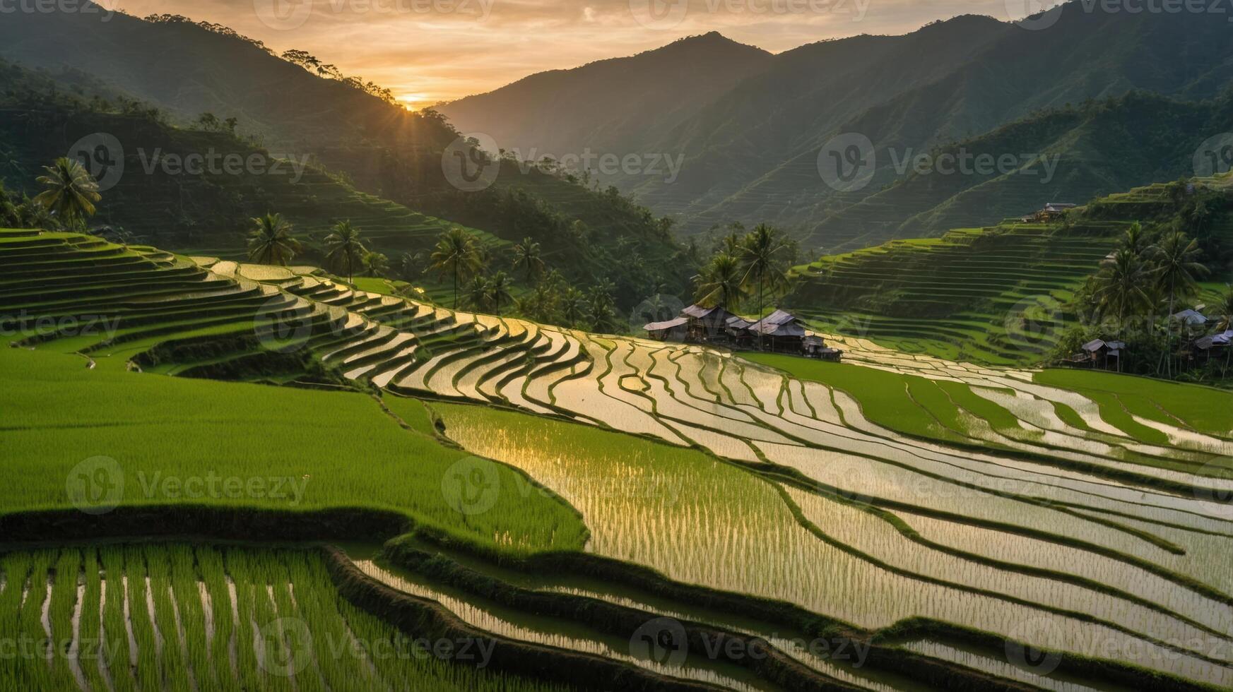 Lush terraced rice fields under a golden sunset in mountainous terrain. photo