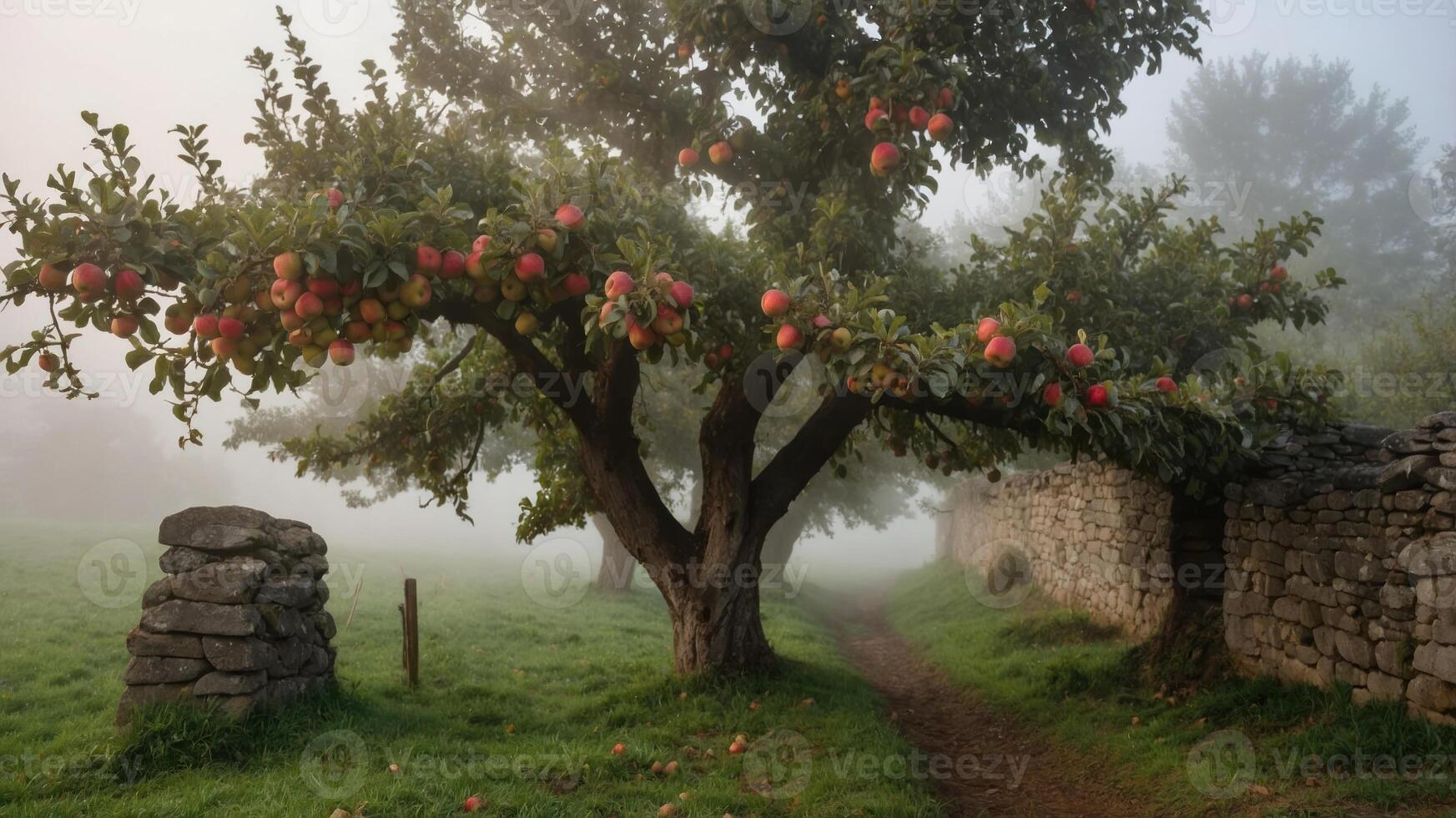 A misty landscape featuring an apple tree with ripe fruit beside a stone wall. photo