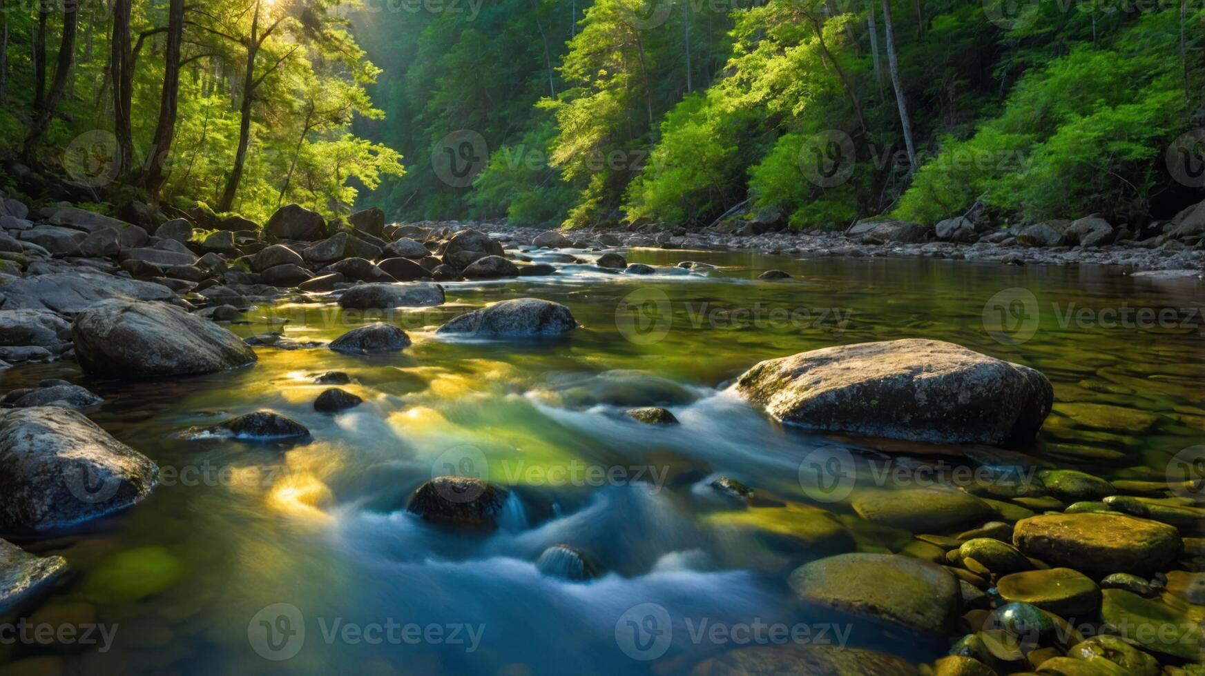 A serene river scene with lush greenery and smooth water flow, evoking tranquility. photo