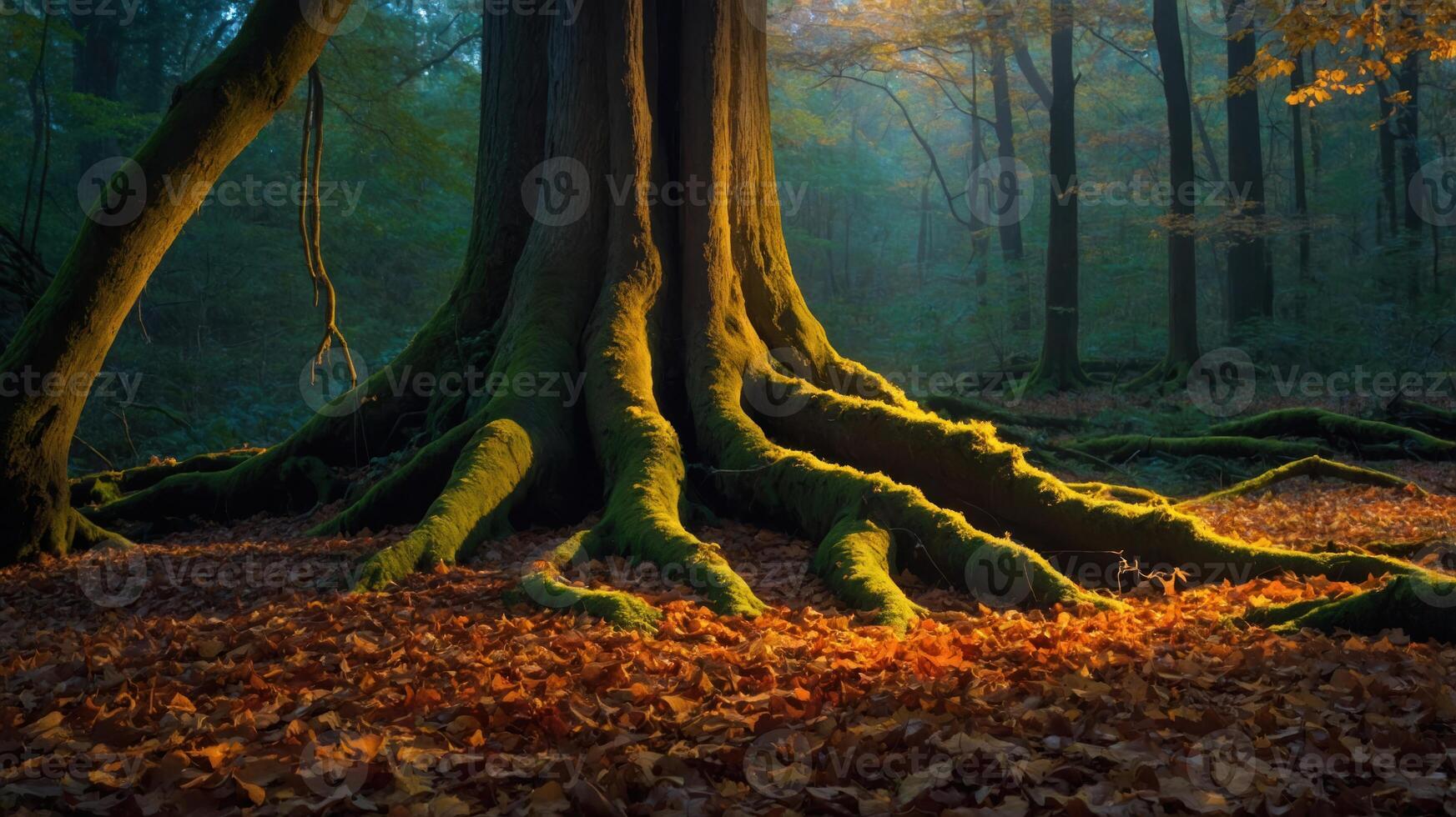 A majestic tree with moss-covered roots in a serene forest during autumn. photo