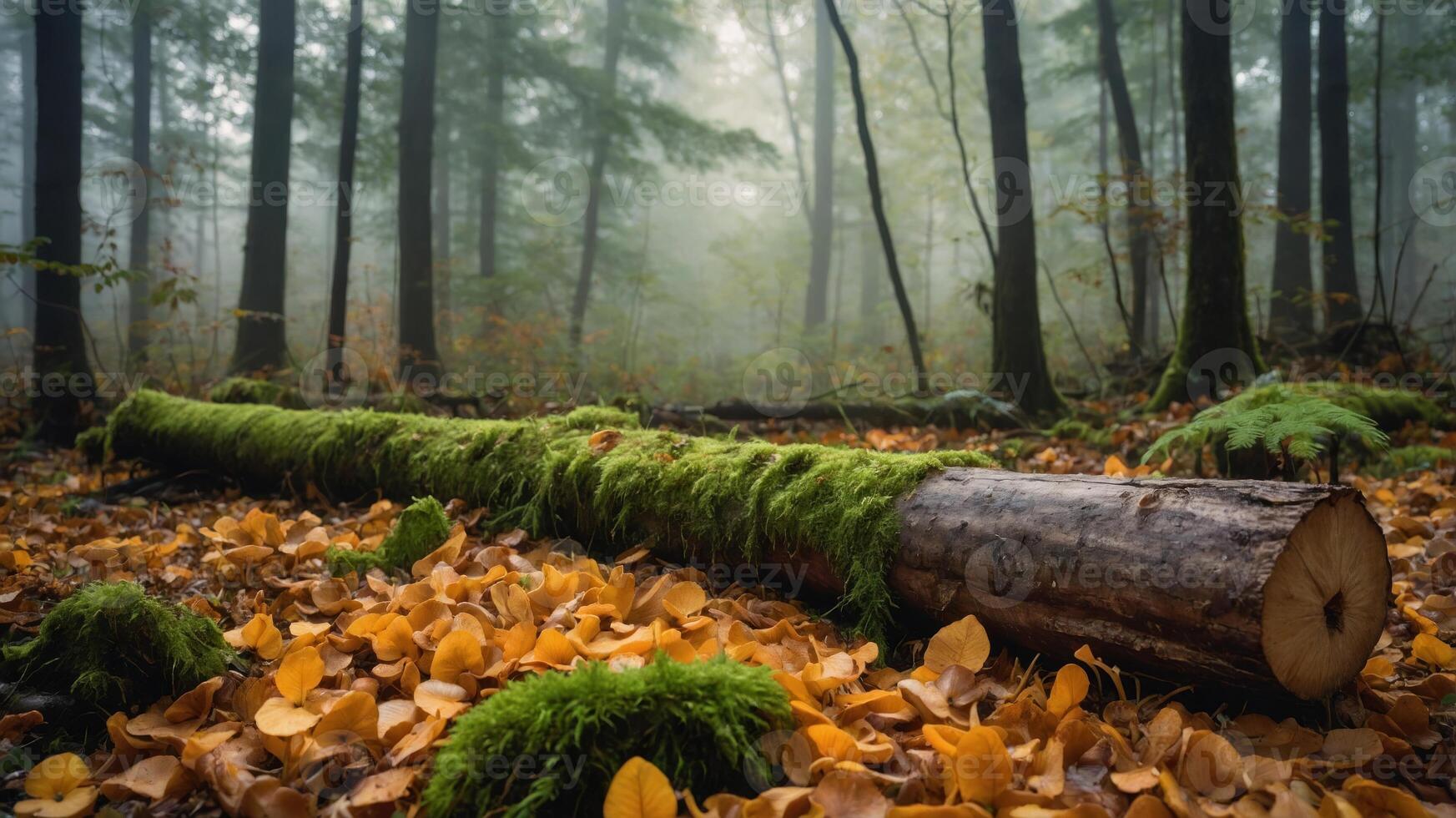 A serene forest scene with a moss-covered log amidst fallen leaves and mist. photo