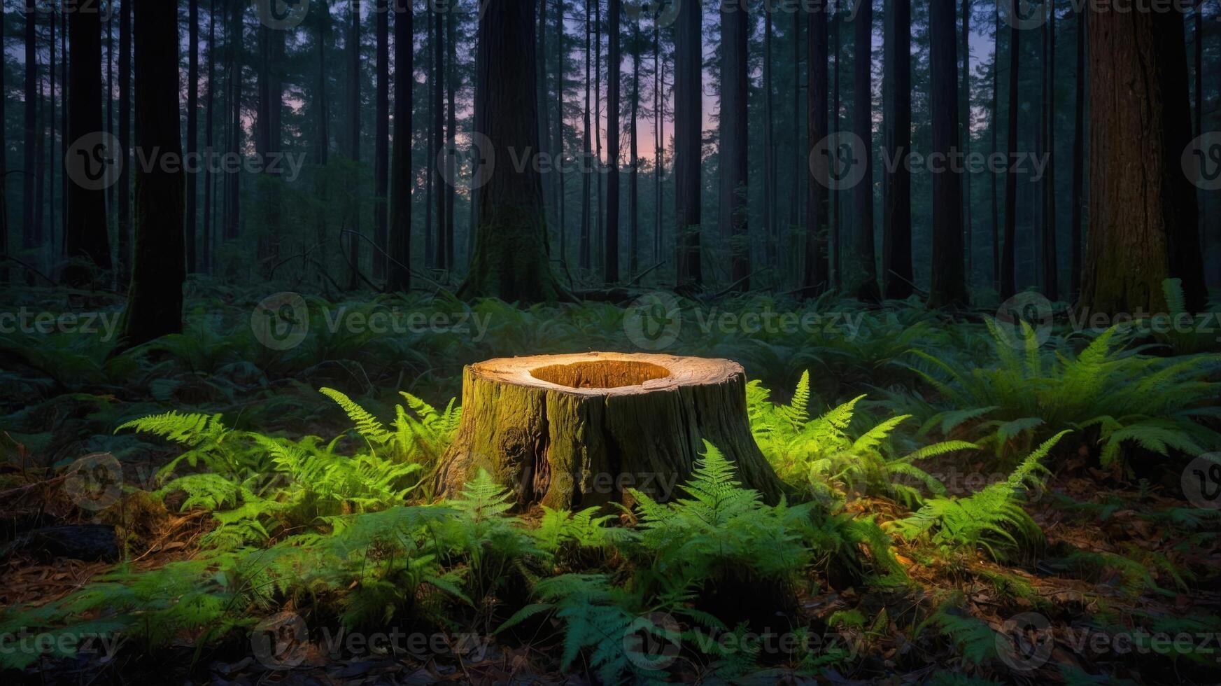 A serene forest scene featuring a tree stump surrounded by lush ferns at dusk. photo