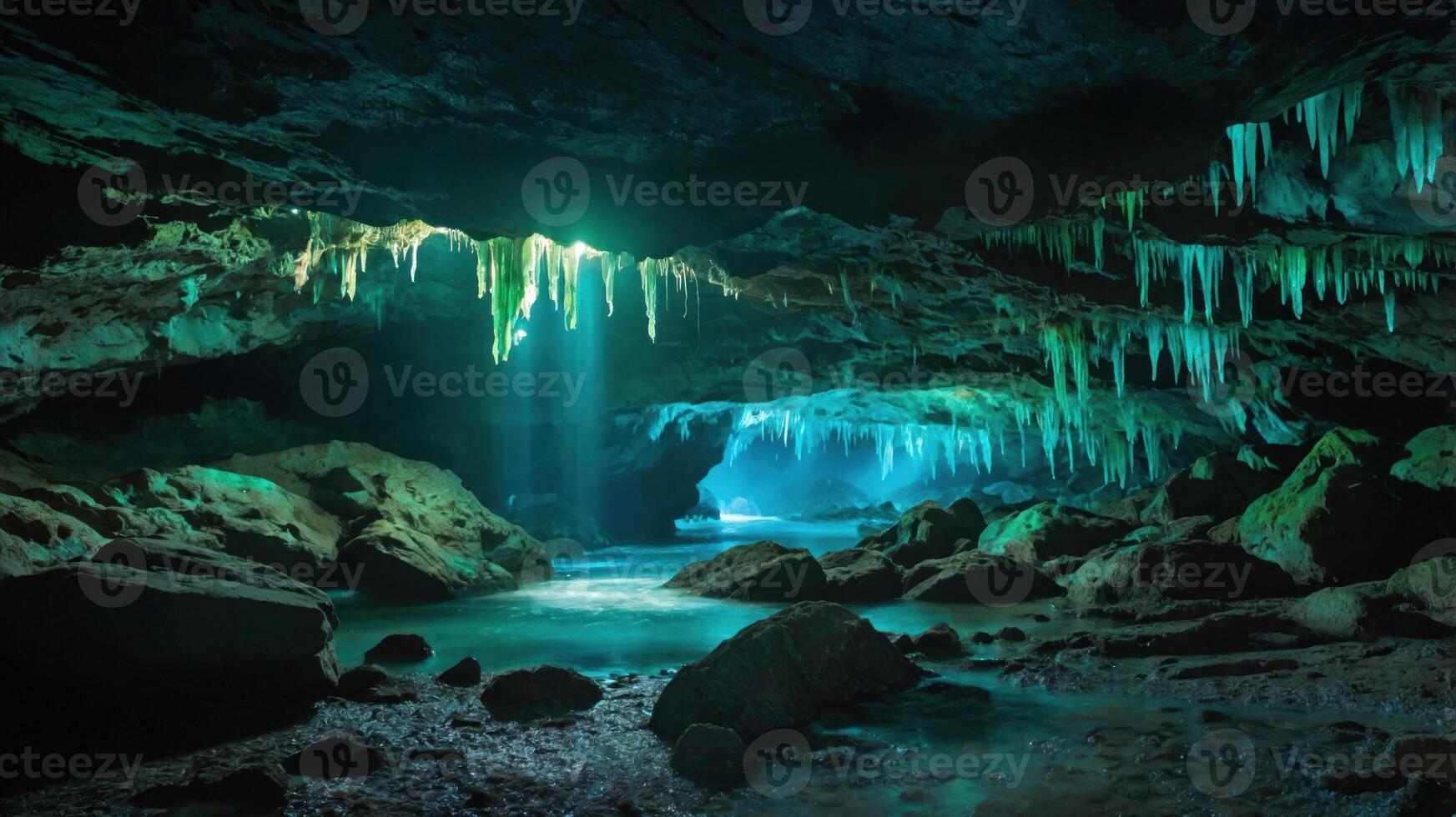 A serene underground cave with illuminated stalactites and a tranquil water surface. photo
