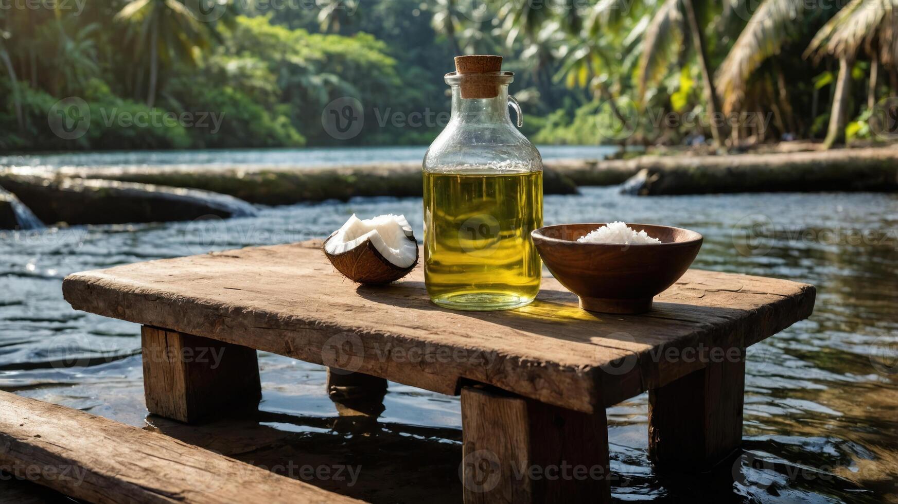 A rustic setting featuring a bottle of oil and bowls of salt by a serene riverbank. photo