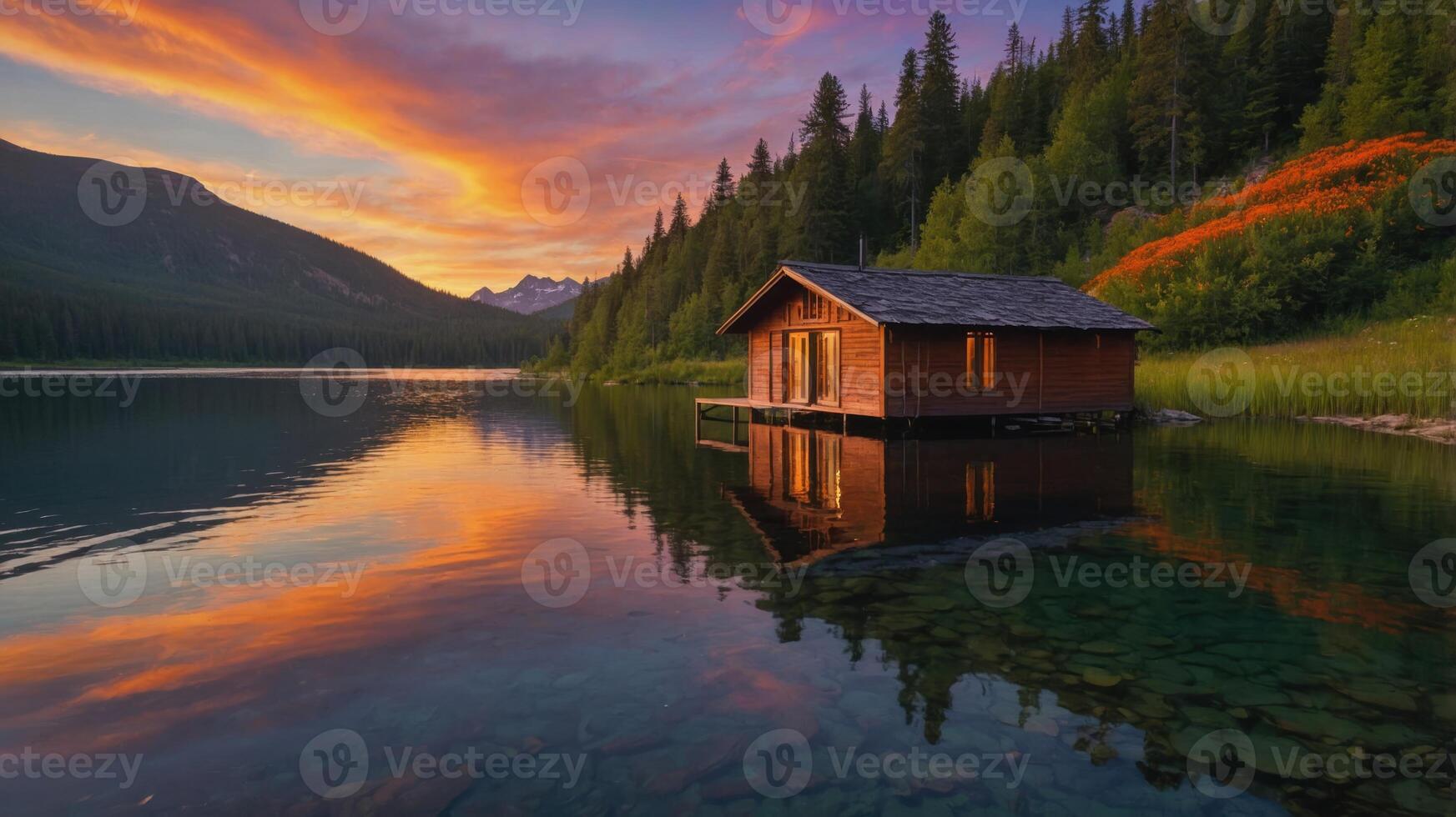 A serene lakeside cabin at sunset, reflecting vibrant colors on calm waters. photo