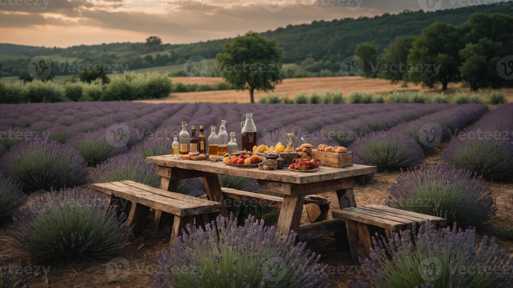 A rustic picnic setup in a lavender field with food and drinks. photo