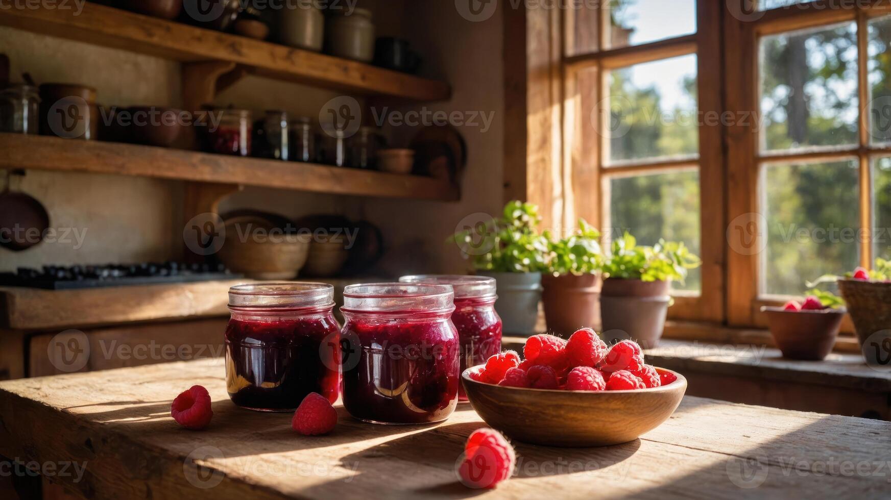 Jars of raspberry jam on a rustic kitchen table with fresh raspberries and plants. photo