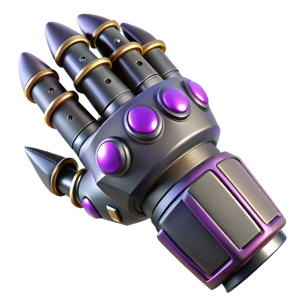 reflective alluring Cyberpunk gauntlet with retractable claws NO BACKGROUND with Transparent Background. fine detail png