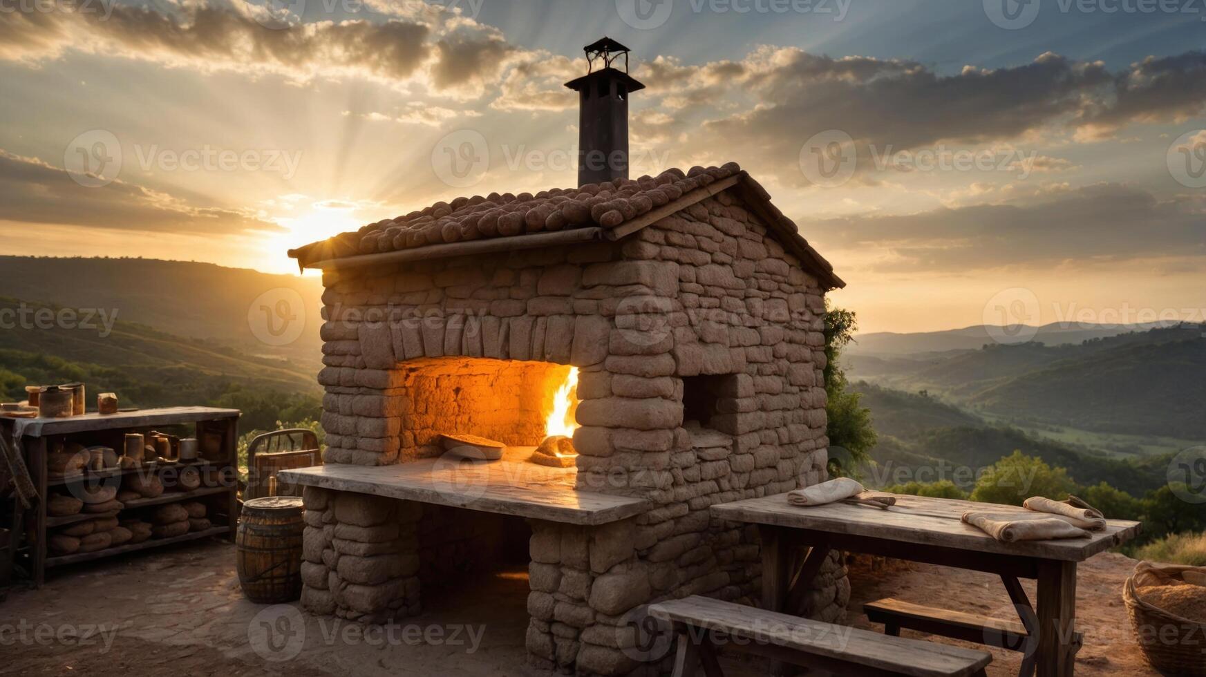 A rustic outdoor oven with a warm fire, set against a scenic landscape at sunset. photo
