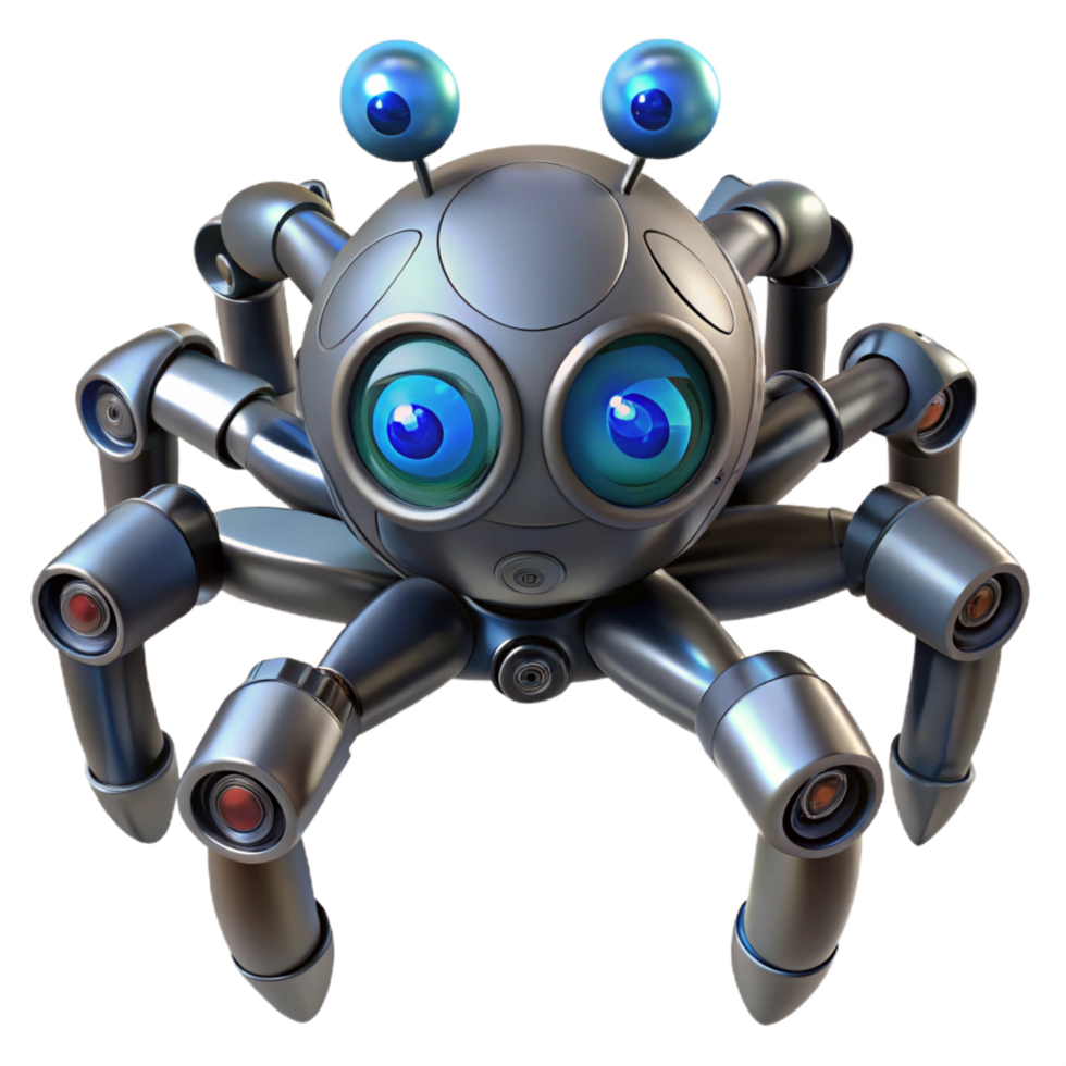 enchanting whimsical geometric Robotic spider with multiple lenses NO BACKGROUND with Transparent Background. studio quality png
