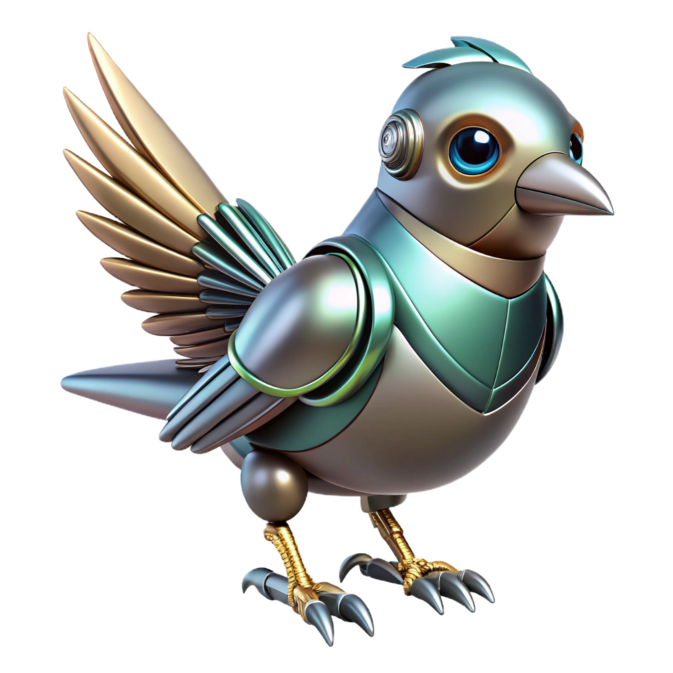 dazzling melancholic gothic Robotic bird with metallic feathers NO BACKGROUND with Transparent Background. high resolution png