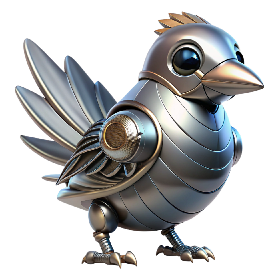 distinguished futuristic Robotic bird with metallic feathers NO BACKGROUND with Transparent Background. fine detail png