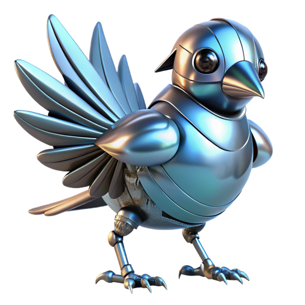 picturesque contemporary Robotic bird with metallic feathers NO BACKGROUND with Transparent Background. impeccable png