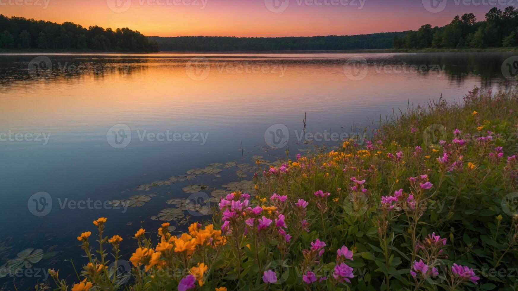 A serene lakeside view at sunset, adorned with vibrant wildflowers. photo