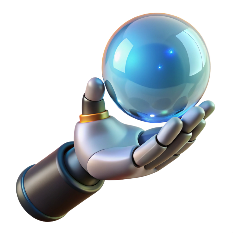 energetic striking Robotic hand holding a glowing orb NO BACKGROUND with Transparent Background. top-tier png