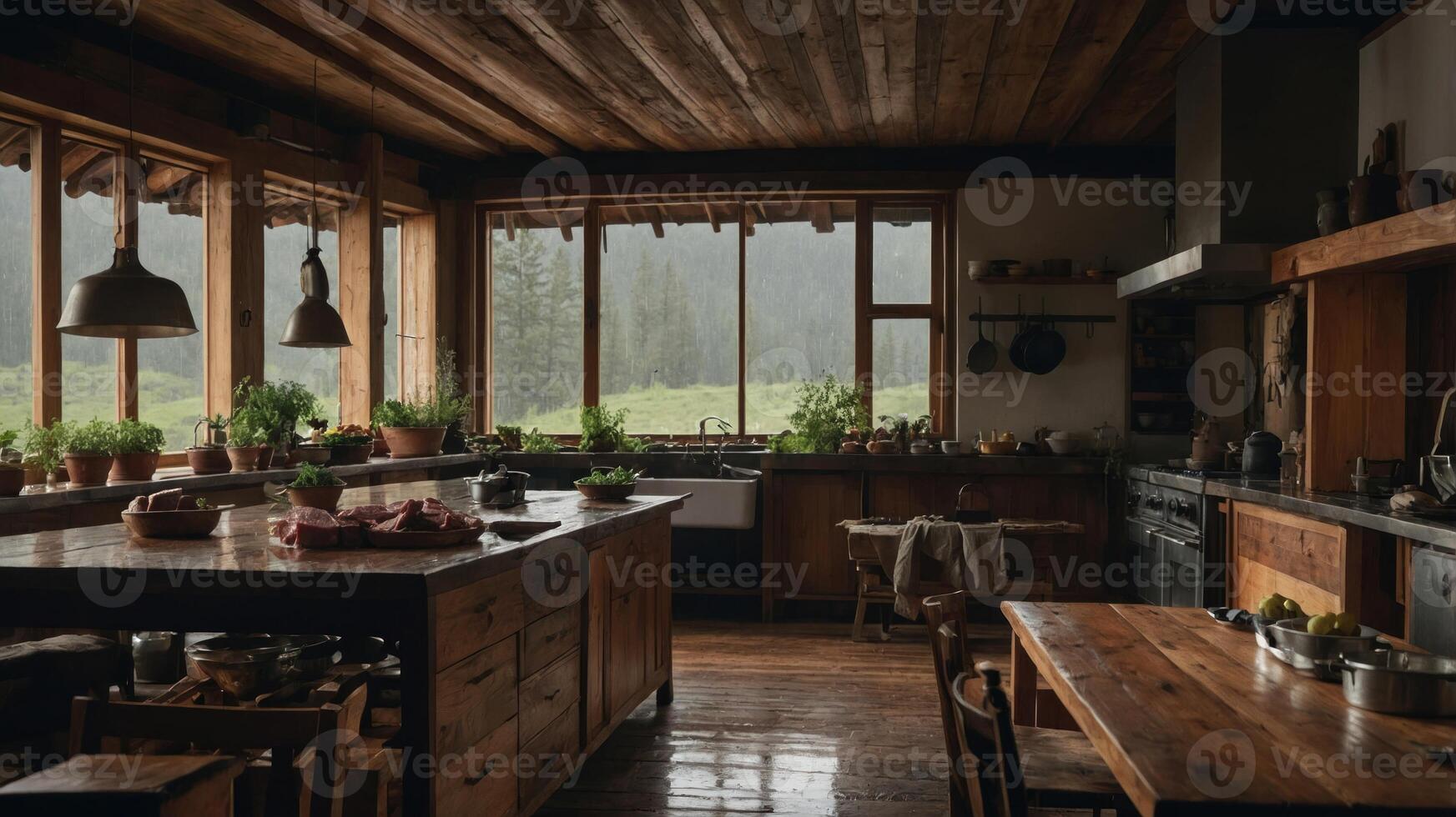 Cozy rustic kitchen with wooden elements and large windows overlooking a green landscape. photo