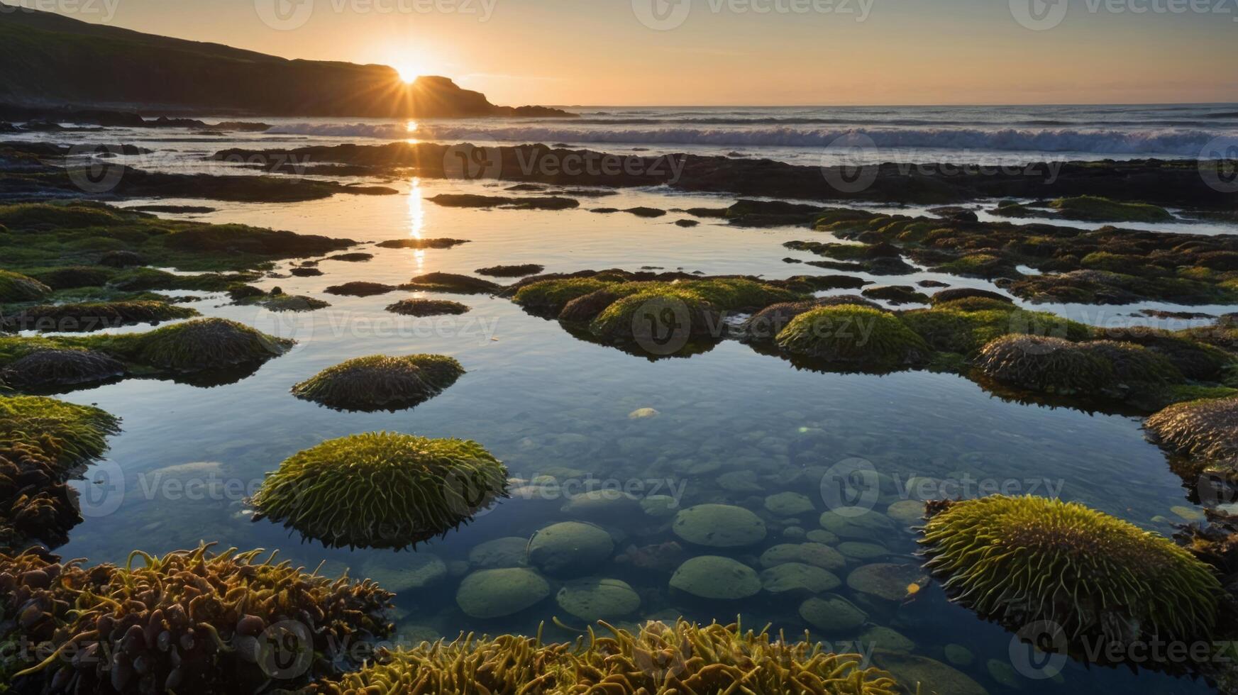 Serene coastal landscape at sunset with tide pools and vibrant marine vegetation. photo