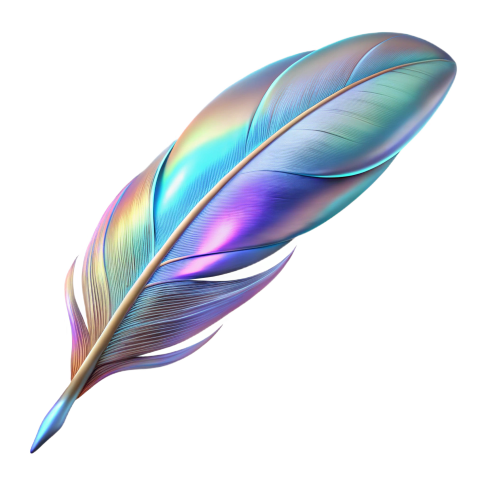 coveted baroque A floating feather, iridescent and shimmering. NO BACKGROUND with Transparent Background. studio quality png