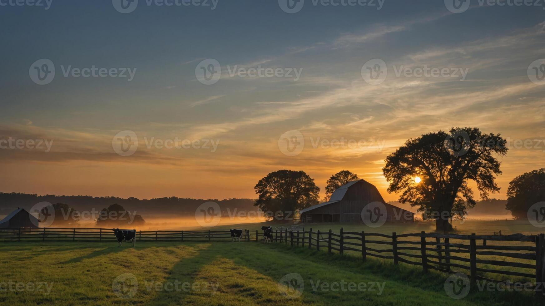 A serene sunrise over a farm with cows, mist, and trees. photo