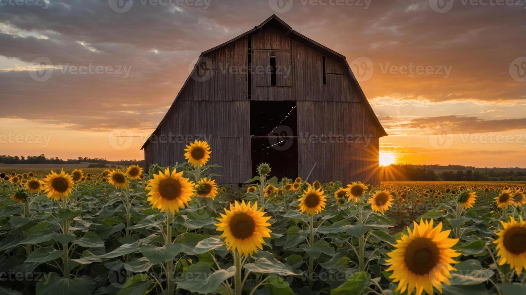 A rustic barn surrounded by sunflowers at sunset, creating a tranquil rural scene. photo