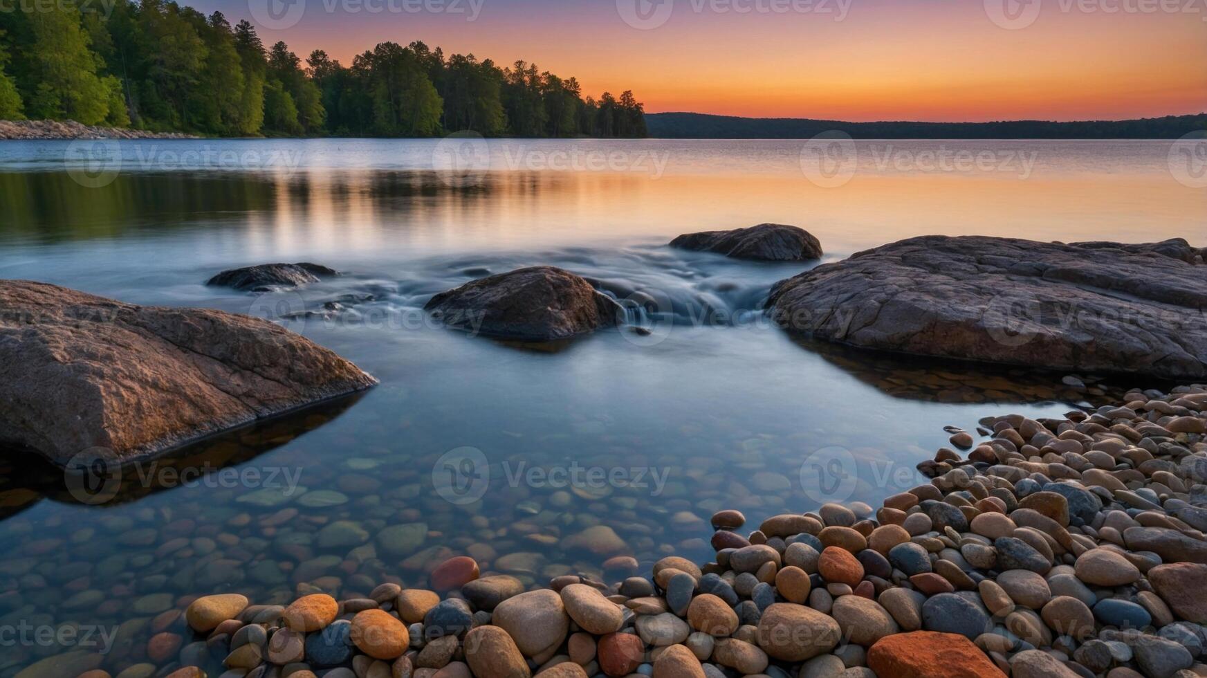 Tranquil lakeside scene at sunset with smooth stones and gentle water flow. photo