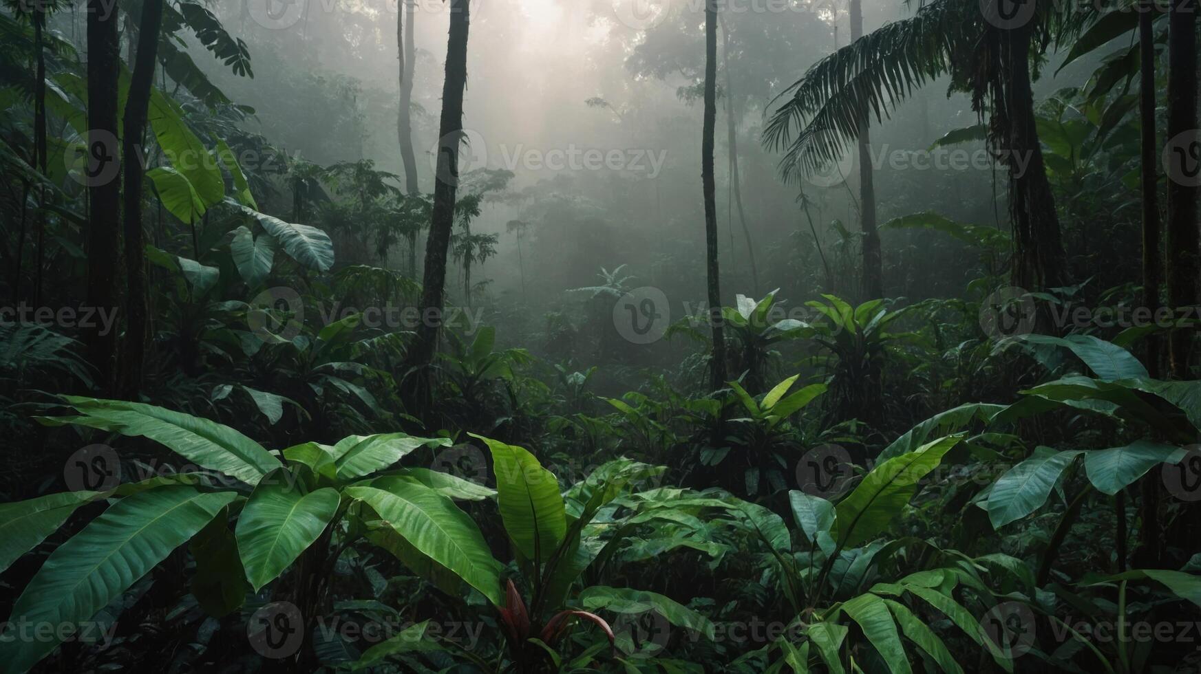 Dense, misty rainforest with lush vegetation and towering trees creating an atmospheric scene. photo