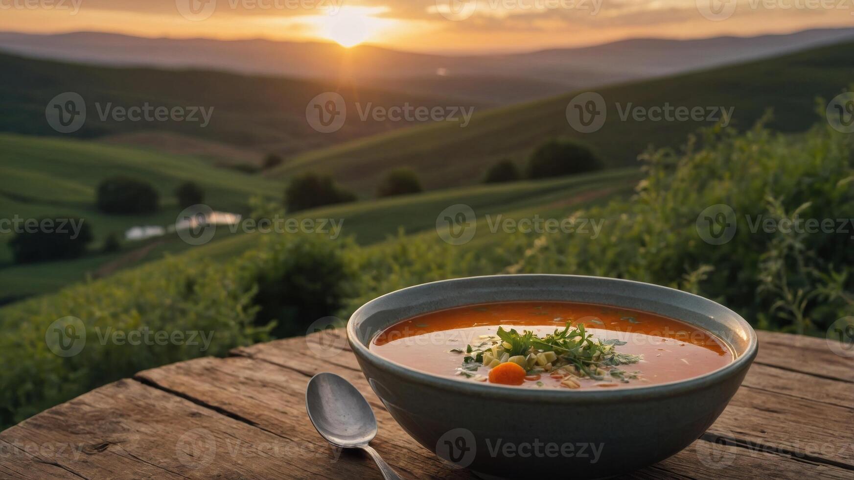 A bowl of soup sits on a wooden table with a scenic sunset over rolling hills in the background. photo