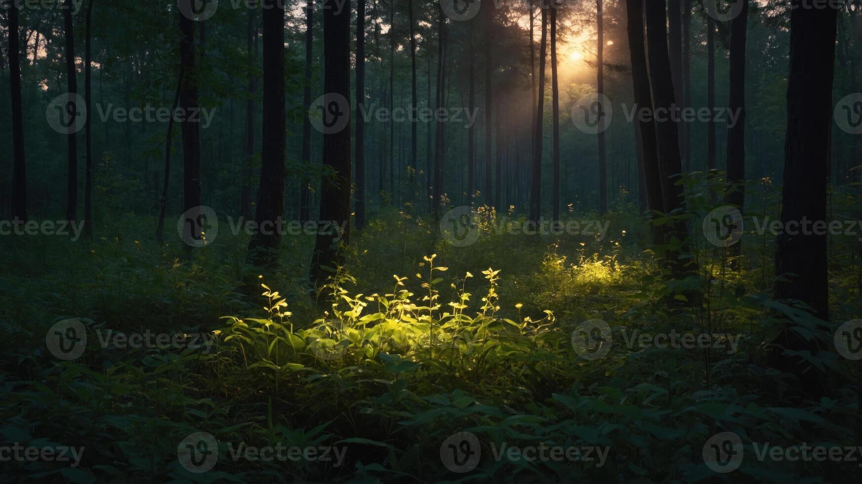 A serene forest scene with sunlight filtering through trees, illuminating lush greenery. photo