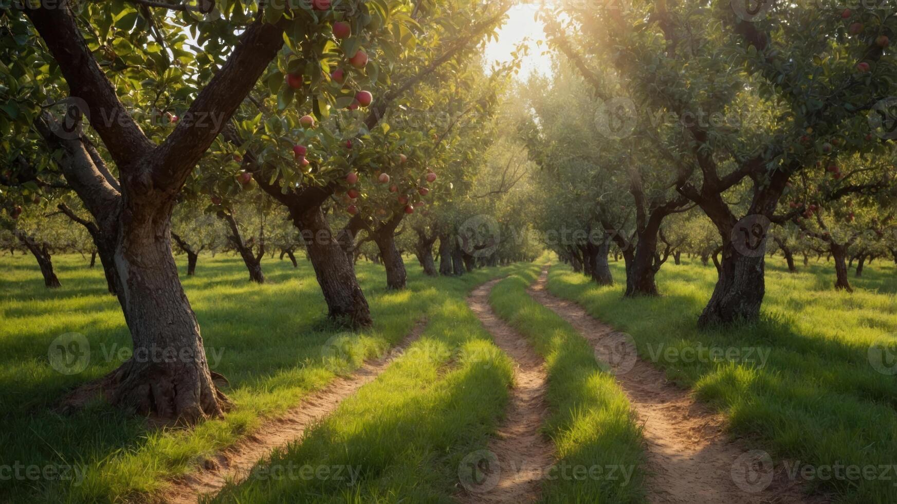 A serene apple orchard path with sunlight filtering through the trees. photo