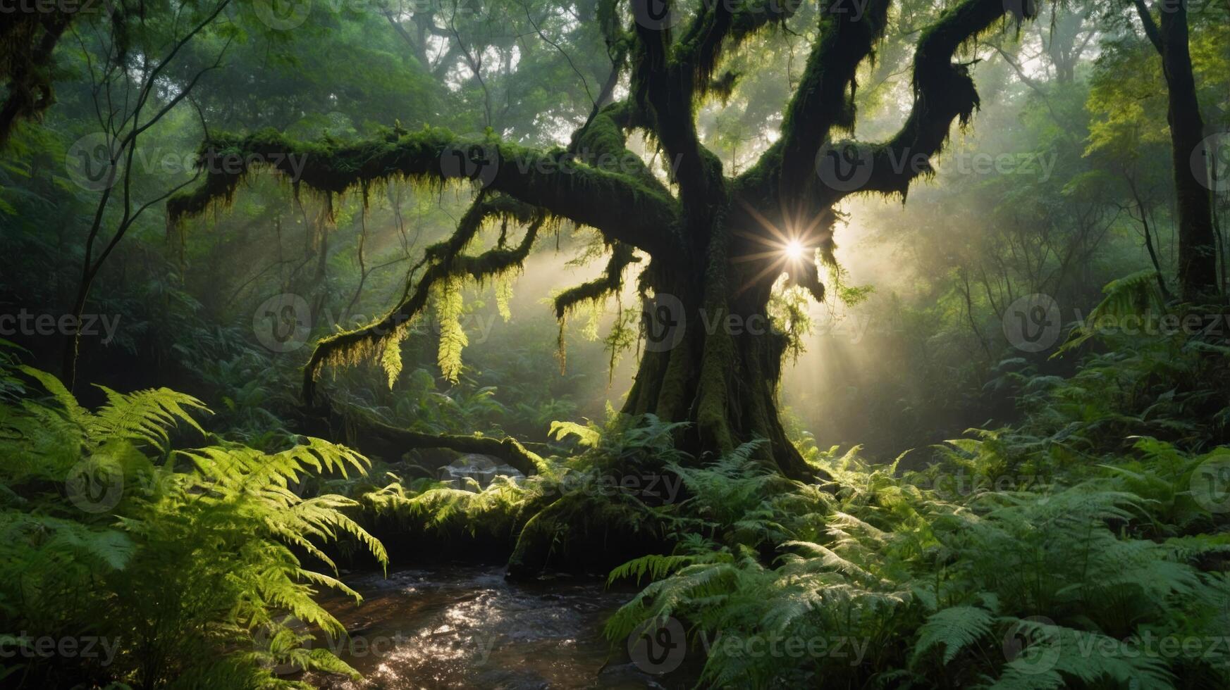 A mystical forest scene with a large tree and sunlight filtering through the foliage. photo