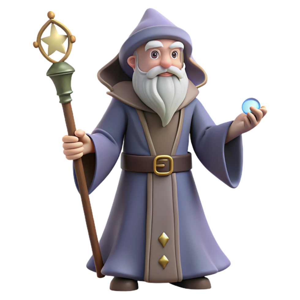 elegant dynamic classic A wise old wizard, holding a staff, NO BACKGROUND with Transparent Background. 4K png
