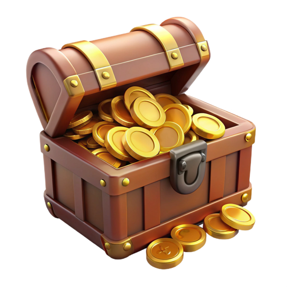 enchanting elegant A treasure chest overflowing with gold coins, NO BACKGROUND with Transparent Background. impeccable png