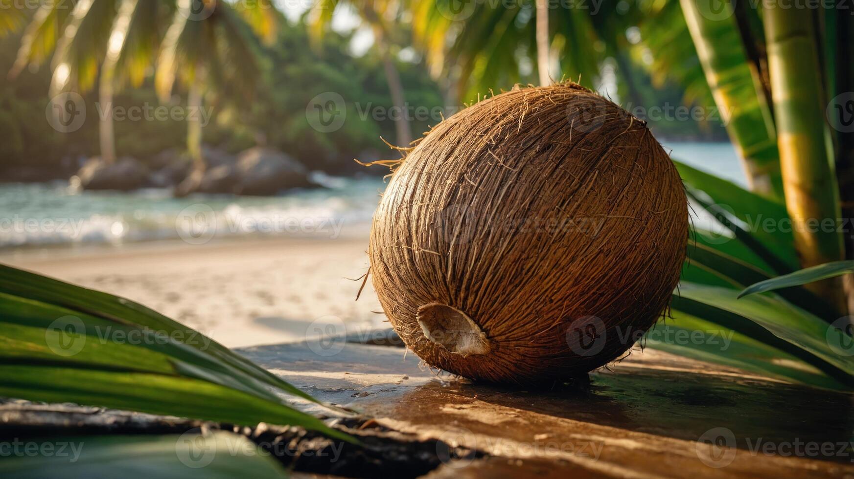 A coconut rests on a wooden surface near a tranquil beach, surrounded by palm trees. photo