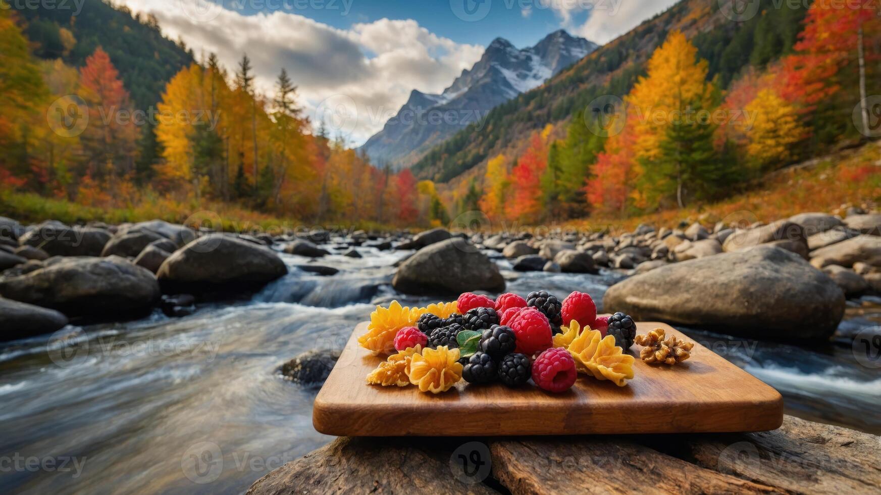 A wooden board with colorful pasta and berries set against a scenic mountain landscape. photo